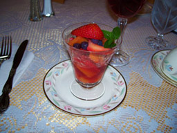 fruitcocktail, strawberries, orange juice served for breakfast at Azalea Manor Bed and Breakfast in Madison Historic District, Indiana