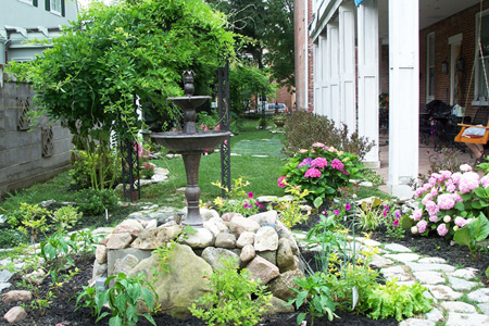 Garden and Bird Bath at Azalea Manor Bed and Breakfast in Madison Historic District, Southern Indiana