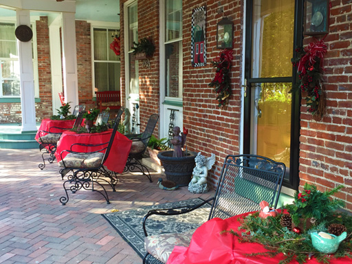 Patio decorated for Christmas at Azalea Manor Bed and Breakfast in Madison Historic District, Madison Indiana 47250