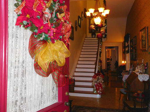 Entrance decorated for Christmas at Azalea Manor Bed and Breakfast in Madison Historic District, Madison Indiana 47250